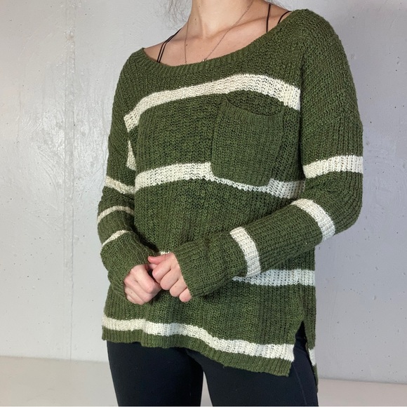 Army Green + White Striped Knit Wide Neck Flowy Sweater - Picture 4 of 9